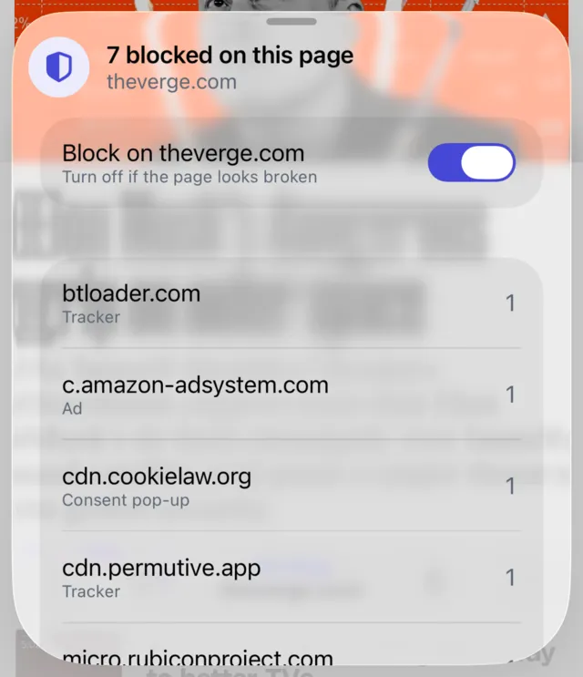 The blocking sheet: 7 blocked on this page, with a switch to turn blocking off for the site and a list of blocked trackers, ads and a consent pop-up.
