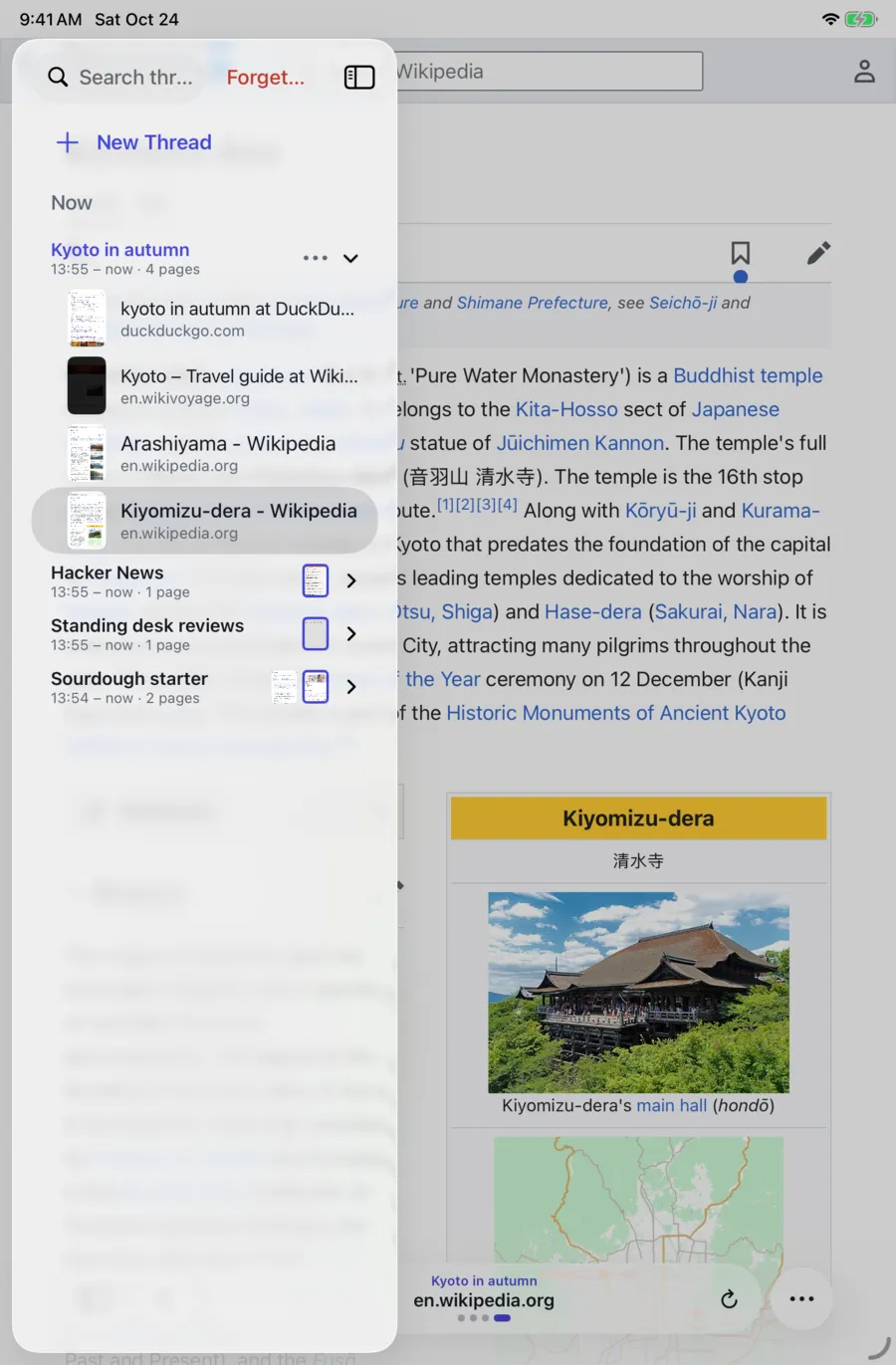 Lar on iPad mini with the sidebar open: New Thread, then Kyoto in autumn with its four pages, Hacker News, Standing desk reviews and Sourdough starter.