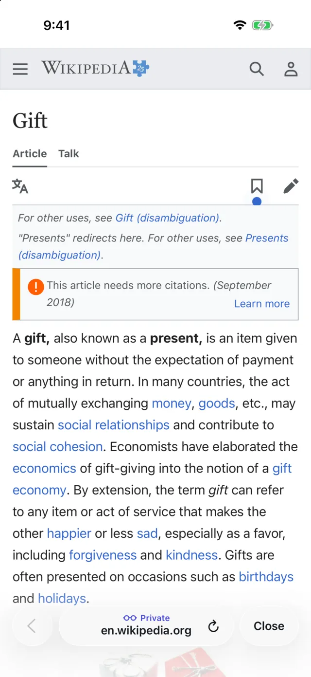 A Private page in Lar: the address bar is marked Private and has a Close button.