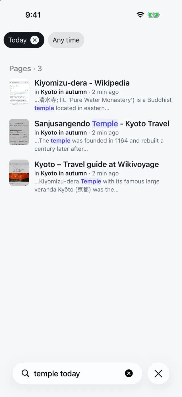 Searching Threads for temple today: a Today filter and three Kyoto pages with the word temple highlighted in each.