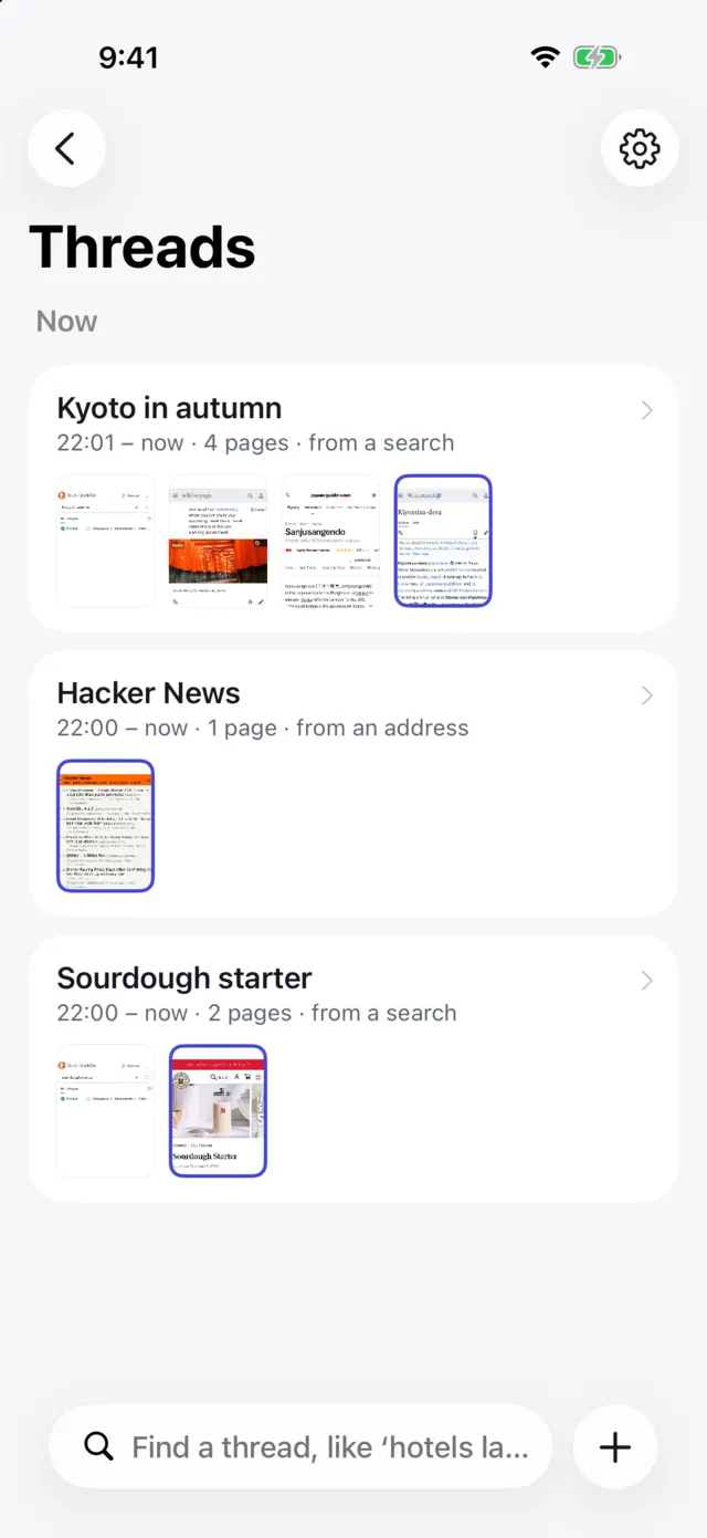 The Threads list: Kyoto in autumn, Hacker News and Sourdough starter, each with a time range, page count, origin and page thumbnails. A search field sits at the bottom.