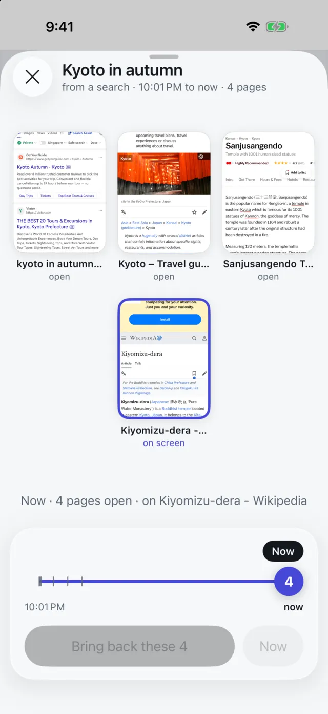 Time Travel for Kyoto in autumn: four page thumbnails above a scrubber that runs from 10:01 PM to now, and a Bring back these 4 button.